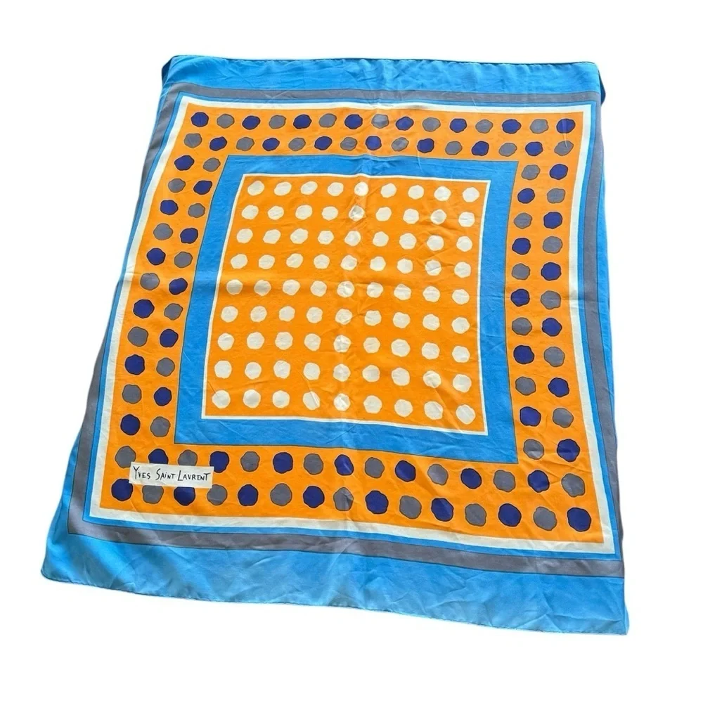 Vintage Yves Saint Laurent Silk‎ Scarf Blue Orange Large Polka Dot Geometric Mod